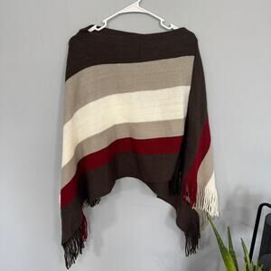 Unknown Brand Striped Pullover Cape Shawl w/ Fringe Neutral Colors One Size